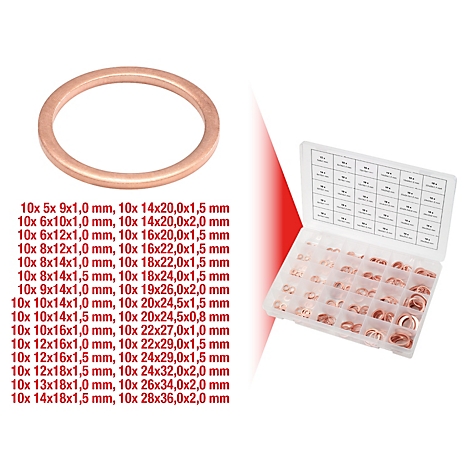 Verschiedene Kupfer-Dichtungsringe liegen neben einer Box. Text: Größenangaben. 